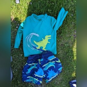 Surfing dinosaurs swim set baby board shorts and uv rash guard